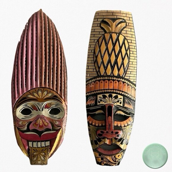 Handmade Colombian Indigenous Wooden Tribal Masks – Set of 2 – Folk Art Wall - Picture 1 of 11